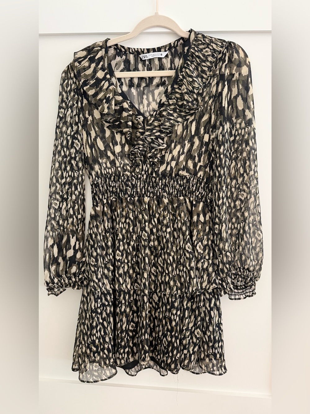 Zara Black and Cream Ruffle V-Neck Smocked Waist Tiered Dress